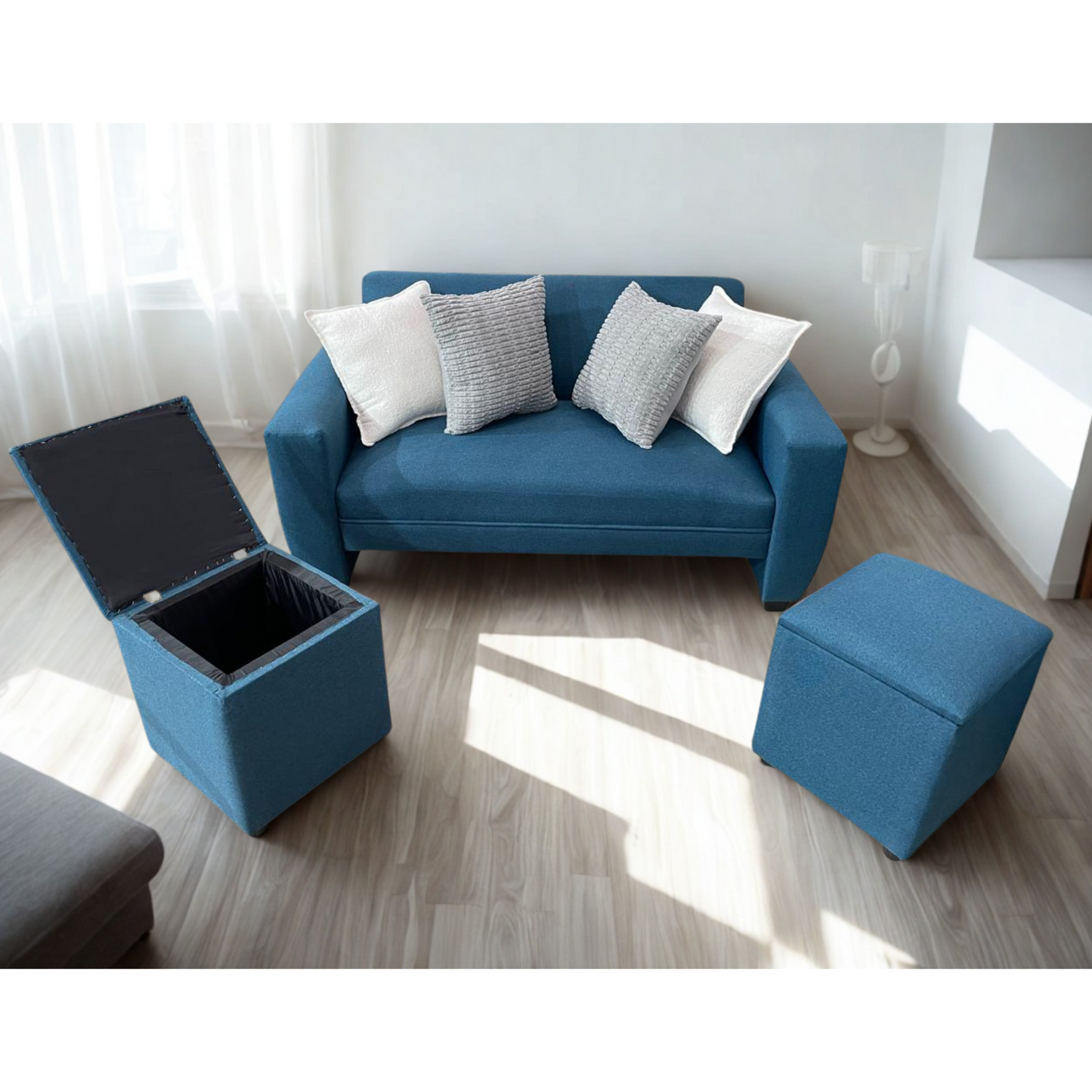 Sofá Sydney 1.50+ 2 puff baúl 40cm Lino Azul petróleo