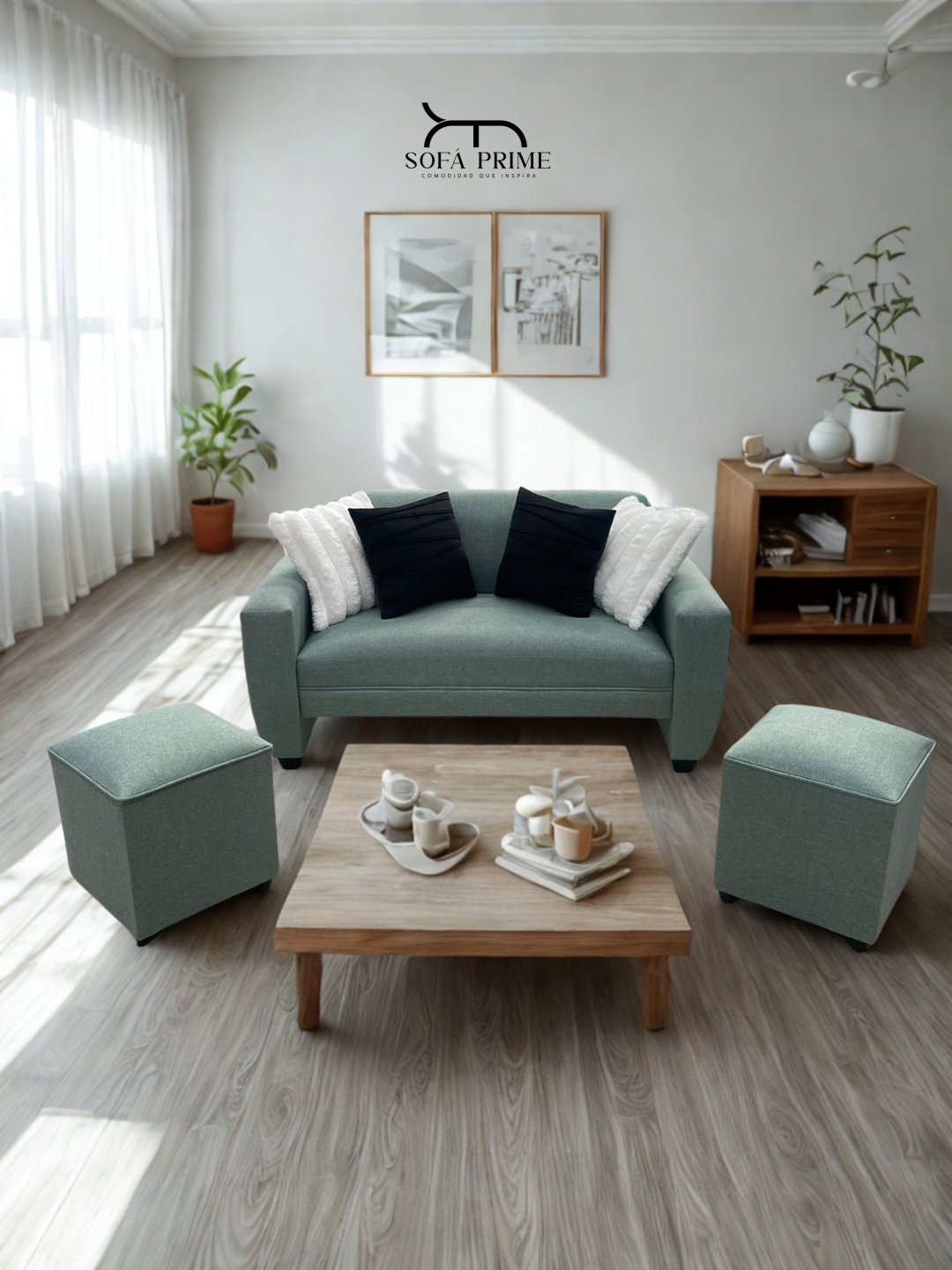 Sofá Sydney 1.50+ 2 puff 40cm Lino verde menta