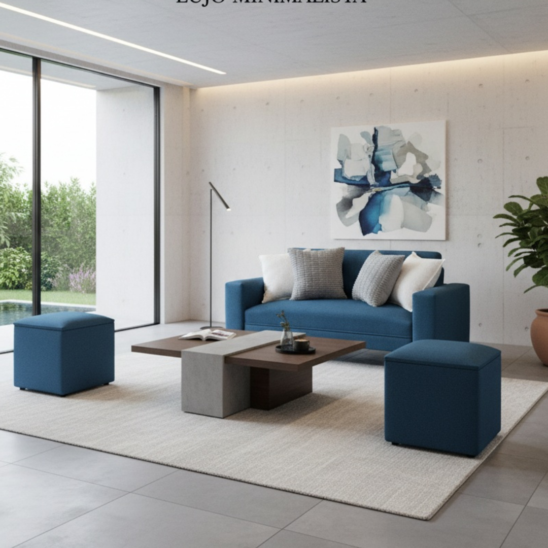 Sofá Sydney 1.50+ 2 puff 40cm Lino Azul petróleo