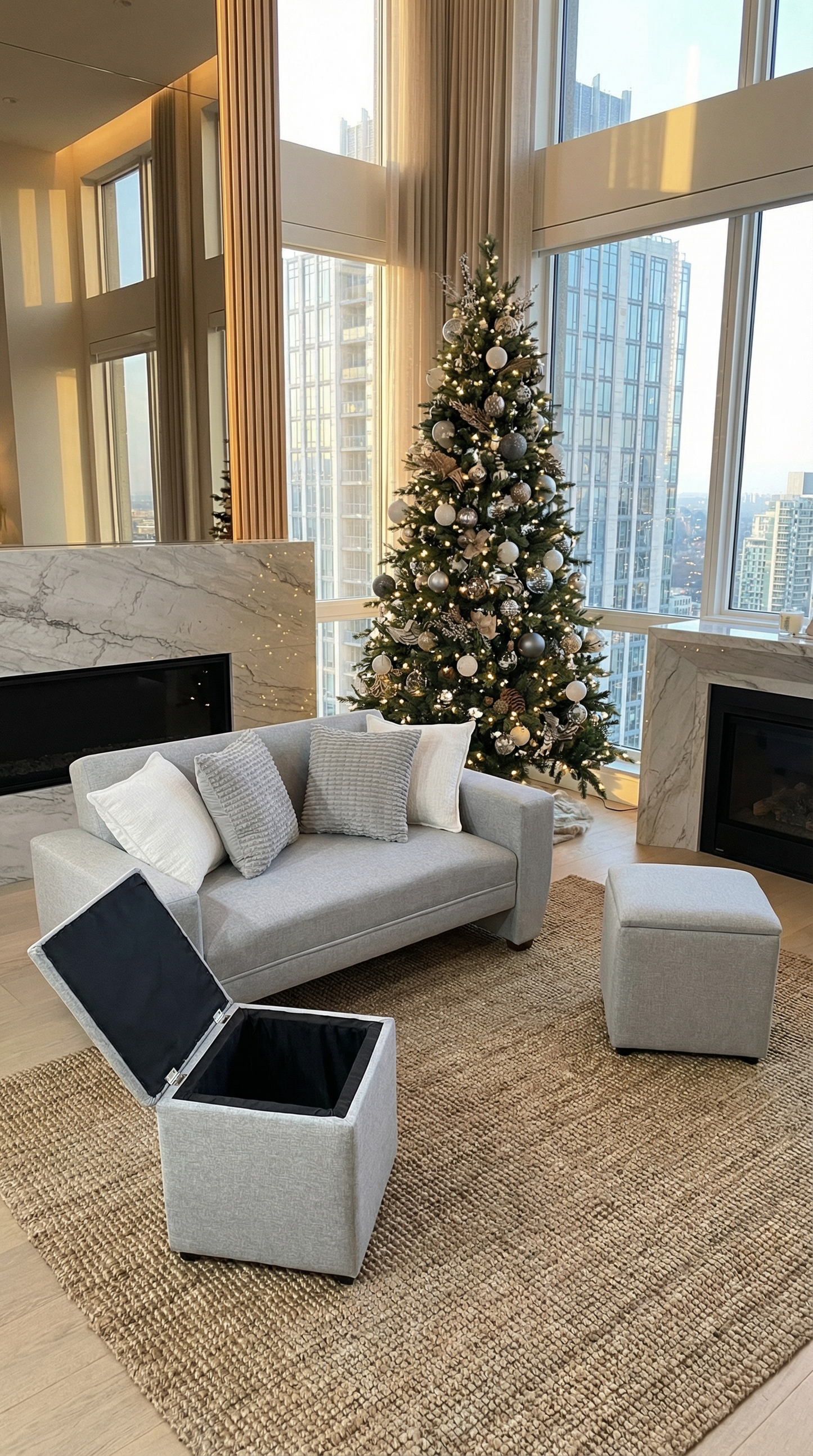 Sofá Sydney 1.50+ 2 puff baúl 40cm LinoGris Claro