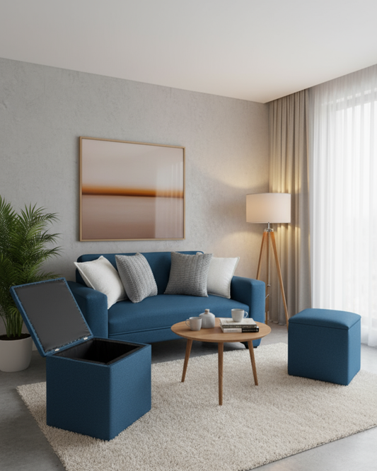 Sofá Sydney 1.50+ 2 puff baúl 40cm  Lino Azul petróleo